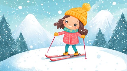 Portrait of skier in snow field in winter season. Cartoon.