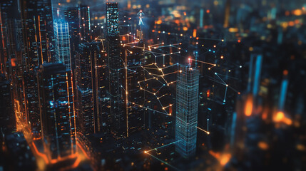 Obraz premium Smart digital Innovation city with connection network reciprocity over the twilight cityscape. of future smart wireless digital city and social media networking systems that connects people with city