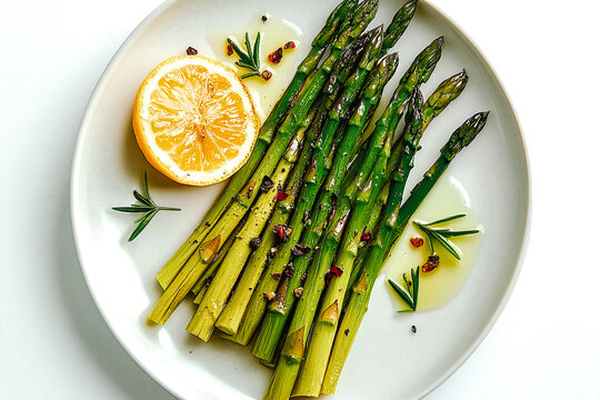 Asperges vertes avec citron et &eacute;pices sur assiette blanche, vue de dessus