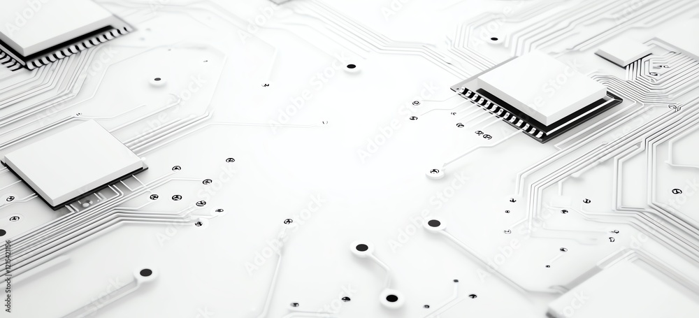 Poster abstract circuit board design featuring multiple microchips and intricate pathways on a white backgr