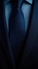 Dark blue suit, tie detail, office background, business concept