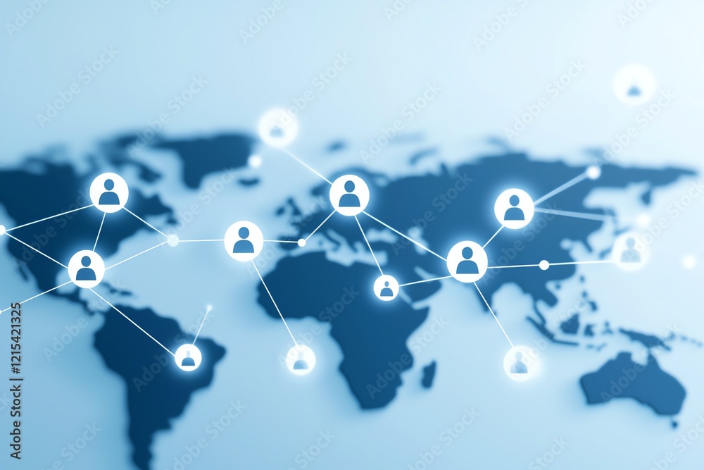 Poster abstract digital world map with connected user icons representing global networking and communicatio