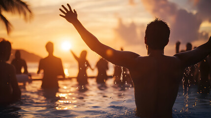 happy man dancing at a seaside pool party on a beautiful sunset, enjoying summer vacation