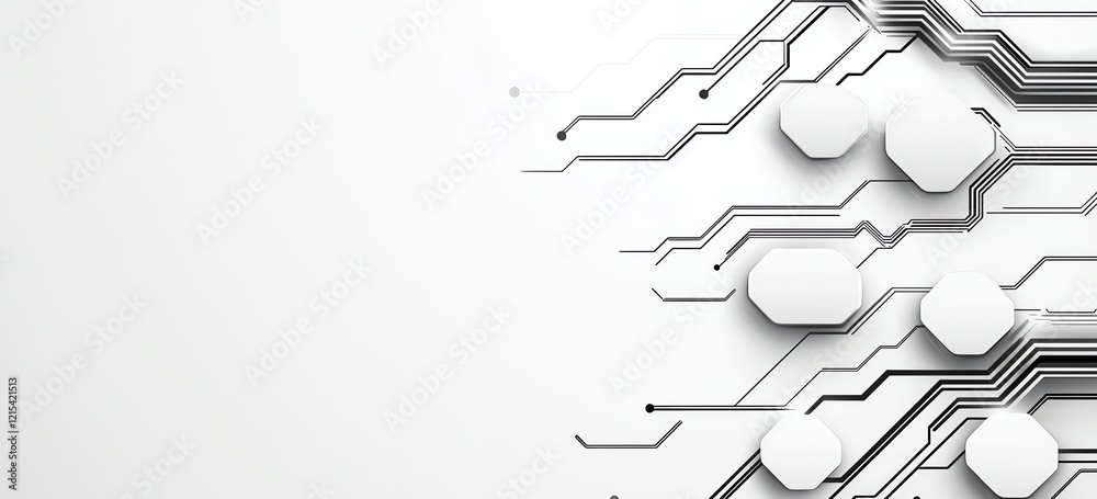 Poster abstract technology background with circuit patterns and hexagonal shapes on a white backdrop, empha