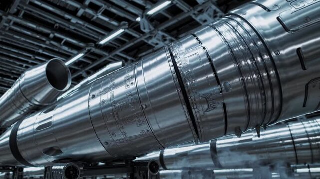Space Rocket Assembly Hall, Reflective Metallic Structure, Industrial Backdrop, Showcasing Manufacturing Process