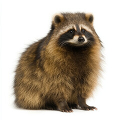 Fototapeta premium Fluffy raccoon sitting, facing forward, isolated on white.