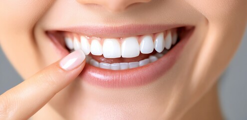 Obraz premium Close-up of a smiling woman showcasing her perfect teeth, emphasizing dental health and beauty.