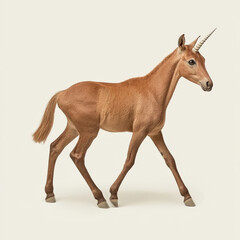 Fototapeta premium Brown unicorn foal walking, light beige background.