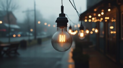 A warm filament bulb glows on a misty street, its warm light contrasting with the cool, blurred surroundings, evoking nostalgia.