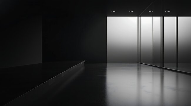 Dark and Dramatic Space:Minimalist Design with Concrete and Glass,Perfect for Cinematic Storytelling.Generative AI 暗くドラマチックな空間:コンクリートとガラスで構成されたミニマリストデザイン,シネマティックなストーリーテリングに最適.Generative AI