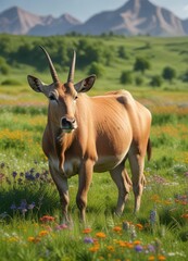 Fototapeta premium Eland resting in a green field with wildflowers blooming, field, flowers