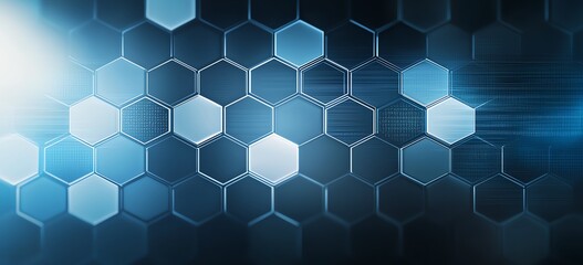 Futuristic hexagonal pattern with glowing blue elements on a dark background. Ideal for digital and abstract concepts in technology and innovation.