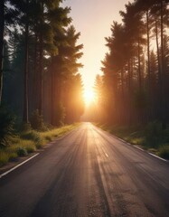 Fototapeta premium Empty race track in the middle of a lush forest at sunset, landscape, sunset, green