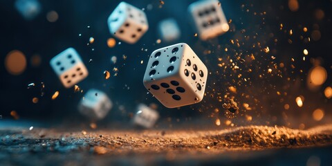 Dice falling, gold dust, dark background, gambling concept