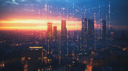 Obraz premium Smart digital Innovation city with connection network reciprocity over the twilight cityscape. of future smart wireless digital city and social media networking systems that connects people with city