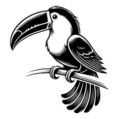 Graceful and Elegant Vector Silhouette of a Toucan, Highlighting Its Bright Feathers and Long Beak, Perfect for Tropical, Wildlife, and Exotic Bird Illustrations, Isolated on a White Background