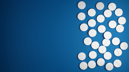 Blue background with white pills. 3D illustration. Presentation medicine and health.