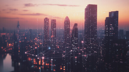 Fototapeta premium Smart digital Innovation city with connection network reciprocity over the twilight cityscape. of future smart wireless digital city and social media networking systems that connects people with city