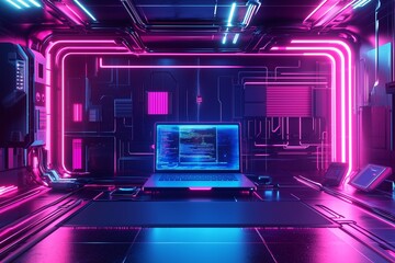Interactive futuristic neon digital workspace featuring laptop
