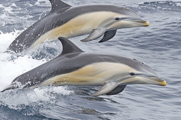 Obraz premium pod of dolphins leaping gracefully out of sparkling ocean waves in Byron Bay. 
