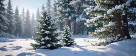 Fir Tree in Winter Wonderland Background with Snowy Cones, fir tree on snowy ground, frosty forest landscape, serene wintery environment