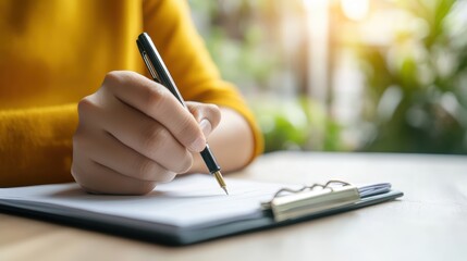 Close-up of hand writing with pen on notepad in bright room