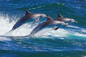  pod of dolphins leaping gracefully out of sparkling ocean waves in Byron Bay. 