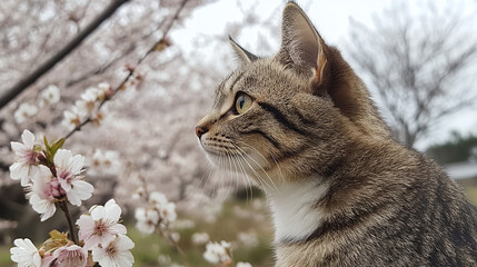 Tabby Cat Among Cherry Blossoms