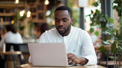 Obraz premium Serious millennial african-american man using laptop sitting at cafe table, focused black casual guy communicating online, writing emails, distantly working or studying on computer in public place
