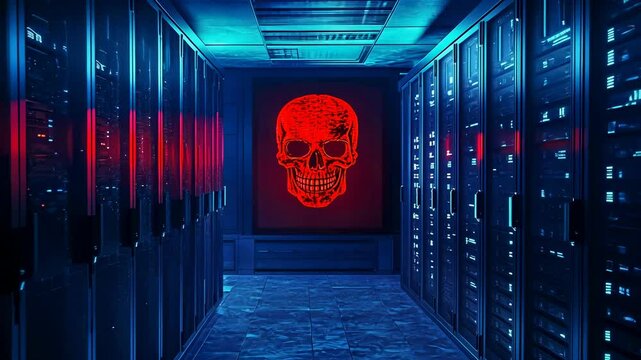 neon skull symbol glowing server room illuminated blue and red lights.cyberpunk style conveys sense digital threat high-tech environment.setting is data center hall lined servers,emphasizing - Powered by Adobe