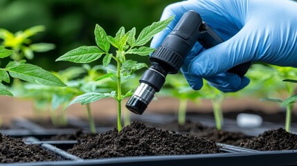 Close Up Of Hand Watering Young Tomato Plant With Spray Nozzle In Nurturing Environment