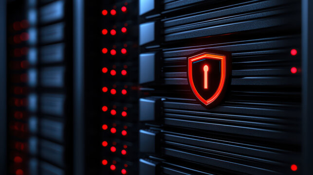 Secure server with glowing shield symbol and red lights
