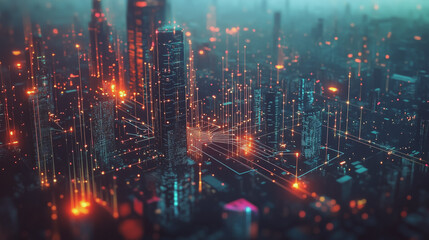 Obraz premium Smart digital Innovation city with connection network reciprocity over the twilight cityscape. of future smart wireless digital city and social media networking systems that connects people with city