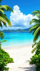 Fototapeta premium Tropical beach with palm trees and clear blue water. Paradise scene for summer vacation, travel brochures, and holiday promotions.