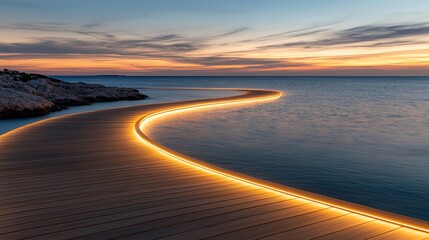 Fototapeta premium A scenic view of a curved wooden pathway illuminated with warm lights, leading towards a tranquil sea under a colorful sunset sky, creating a serene and inviting atmosphere.