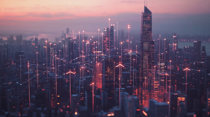 Naklejka premium Smart digital Innovation city with connection network reciprocity over the twilight cityscape. of future smart wireless digital city and social media networking systems that connects people with city