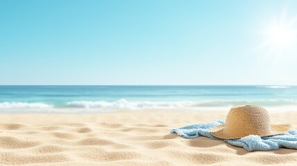 A sunhat resting on a beach towel, surrounded by golden sand and crystal-clear blue ocean waves under a bright sunny sky.