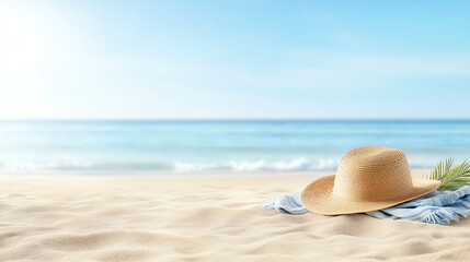 A serene beach view featuring a straw hat resting on warm sand. Gentle waves lap at the shore under a clear blue sky, inviting relaxation and leisure.
