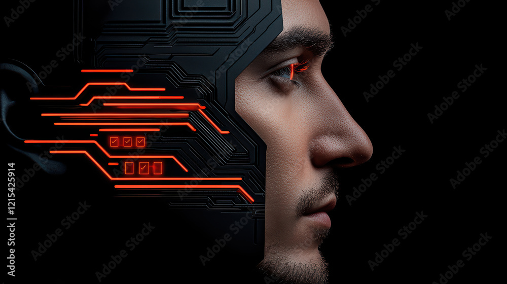 Poster digital face with circuit patterns and glowing elements, symbolizing ai
