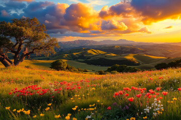 Obraz premium A field of flowers with a tree in the middle of it