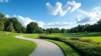 Obraz premium A picturesque park pathway surrounded by vibrant greenery and colorful flowers under a bright blue sky with fluffy clouds, inviting relaxation and outdoor exploration.