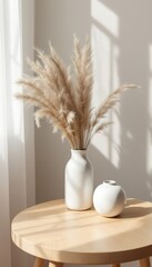 Naklejka premium Modern home decor with pampas grass in white vase on wooden table. Minimalist interior design for cozy home, wedding, or spa decoration with copy space.
