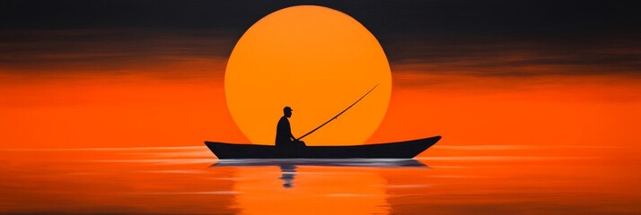 Fisherman at Sunset's Embrace - Solitary fisherman, orange sunset, calm water, vast moon, peaceful solitude. Symbolizing tranquility, reflection, hope, patience, and nature's beauty.