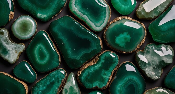 Green Agate Slices Texture with Gold Accents on Dark Background