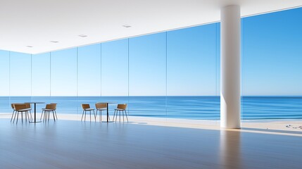 Obraz premium A modern interior space featuring large glass windows with stunning ocean views. The sleek design includes wooden chairs and a bright, airy atmosphere perfect for relaxation.