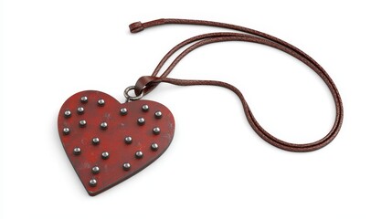 Red Heart Studded Leather Necklace - A stylish red heart pendant necklace with metallic studs, on a brown leather cord. Perfect gift for Valentine's Day or any occasion.