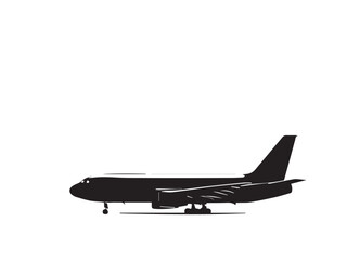 Black plane silhouette isolated on white background. A plane silhouette vector icon logo illustration on white background. 
