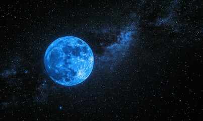 Obraz premium A vivid blue full moon glows brightly in a starry night sky, surrounded by distant stars and a faint galactic cloud, creating a magical and surreal cosmic scene
