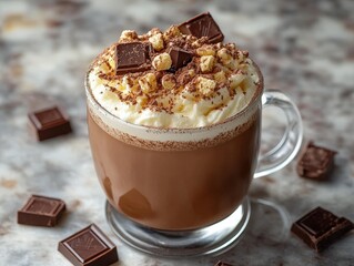 A cup of classic hot chocolate with whipped cream and chocolate flakes, delicious decorations