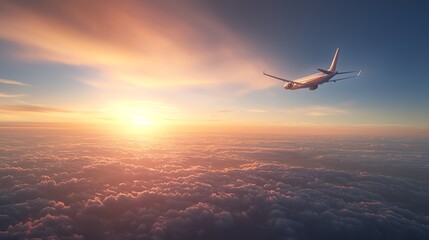 Naklejka premium An airplane soaring above the clouds during a breathtaking sunset, showcasing the beauty of travel and the vastness of the sky.